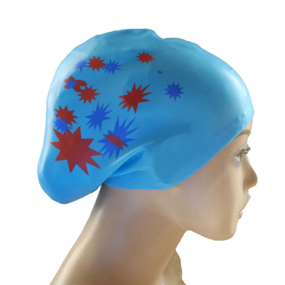 

New Silica Gel Long Hair Swimming Cap Large Size Elastic Silicone Swimming Cap Star Pattern Waterproof Swim Gear Lady