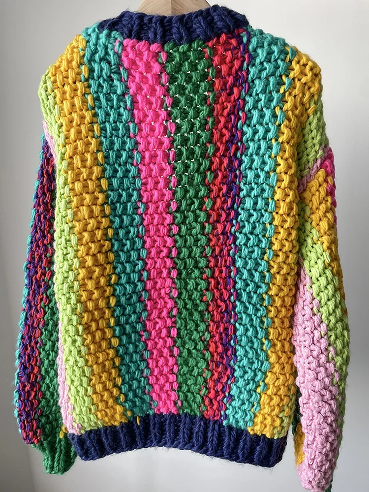 Women Multi Cardigan 2024 Winter Thick Sweater Chunky Handmade Knitwear Rainbow Color Sweater Niche Design