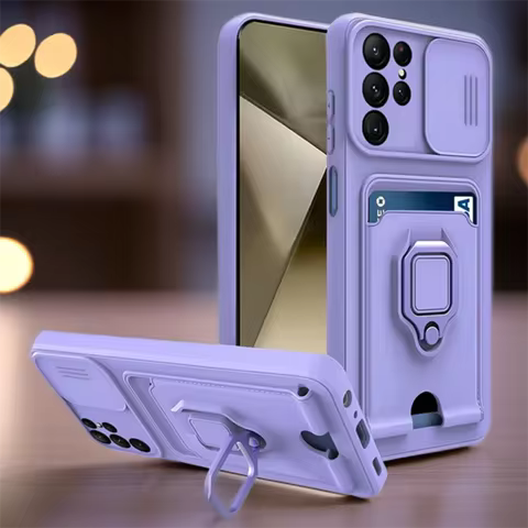 Push Window Card Slot Case For Samsung S25 S24 S23 Ultra S22 Plus Coque For Samsung S21 S20 FE Ring Holder Magnetic Phone Cover
