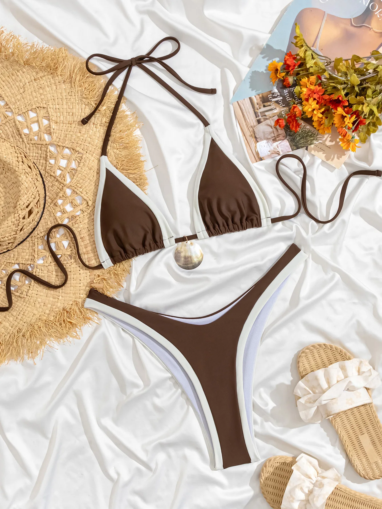 Sexy Bikini a Due Pezzi con Patchwork e Allacciatura al Collo, Costume da Bagno a Vita Alta, Set Bikini Tankini