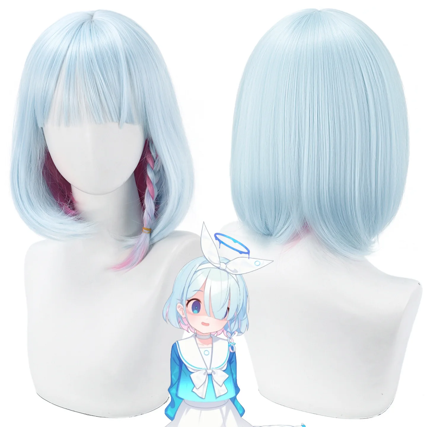Heat‑Resistant Synthetic Cosplay Wig Arona Blue‑pink Ombre Short Hairstyle Adjustable Wig‑Cap For Anime Exhibition