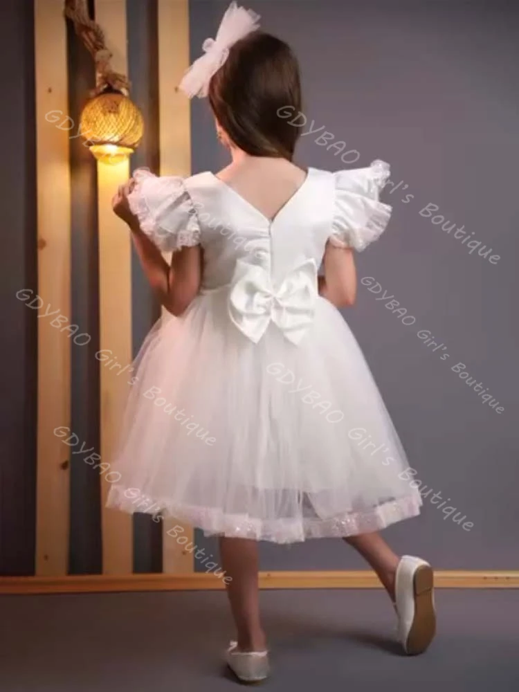 반짝이 소녀 파티 가운 짧은 소매 무릎 길이 플라워 걸 드레스 웨딩용 스팽글 밑단 공주 대회 드레스 맞춤 제작