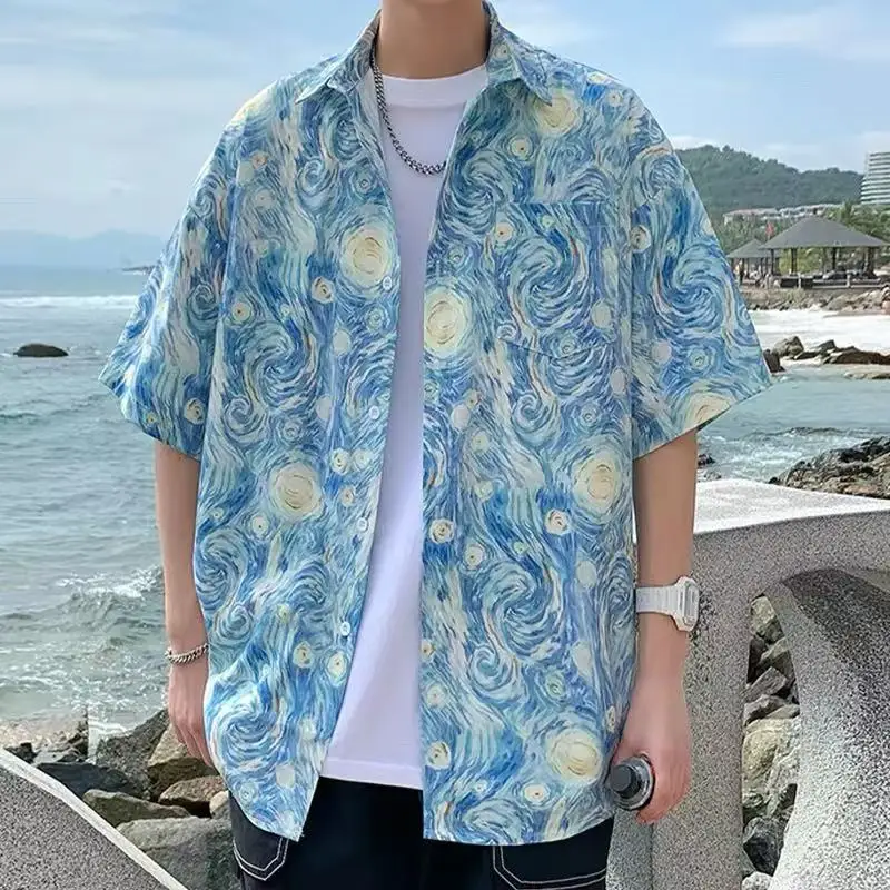 Casual Loose Short Sleeve Shirt Men's Summer Beach Vacation Design Trendy Top Polyester Fiber Thin Model Youth Fashion