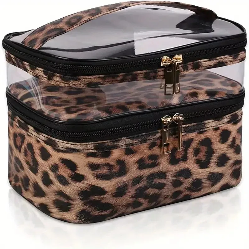 Fashion Leopard Pattern Transparent PVC Two Compartment Cosmetic Case Waterproof Large Travel Shower Bag