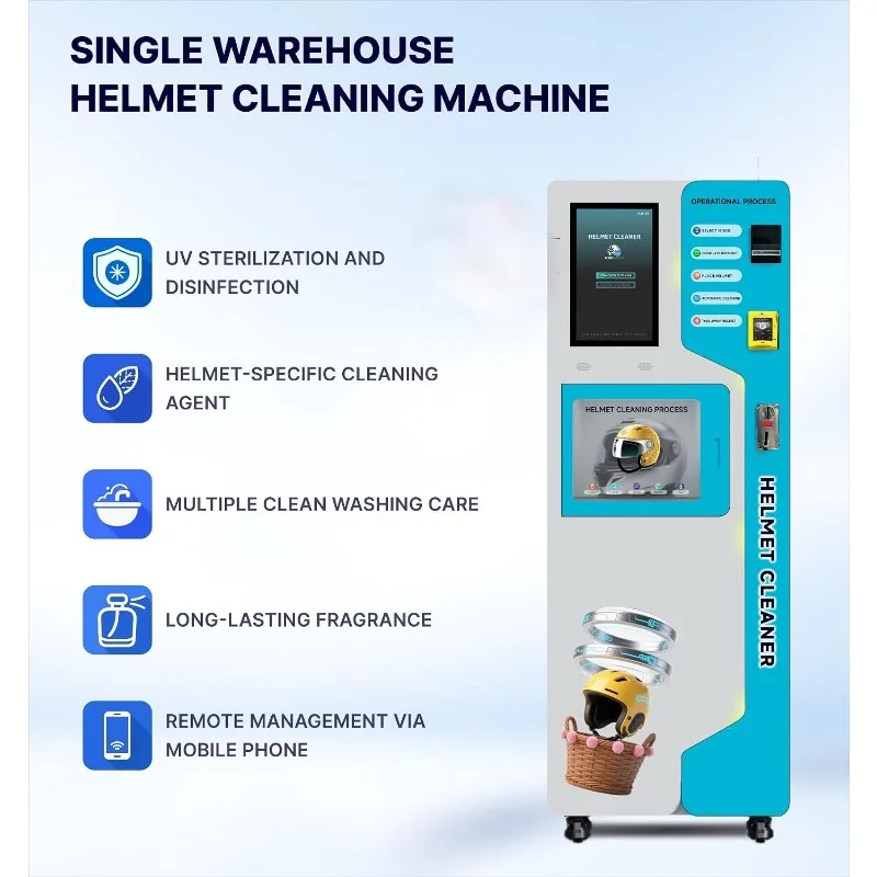 Customized Helmet Cleaning Vending Machine Dual Tank Fully Automatic Large Touch Screen Multi Language Voice Payment Channels