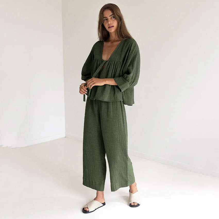 

Women's Pajama Suit 2 Pcs Wiht Pant Loose V Neck Lace Up Ladies Sleepwear Solid Summer Thin Pyjama Suit for Female 2024