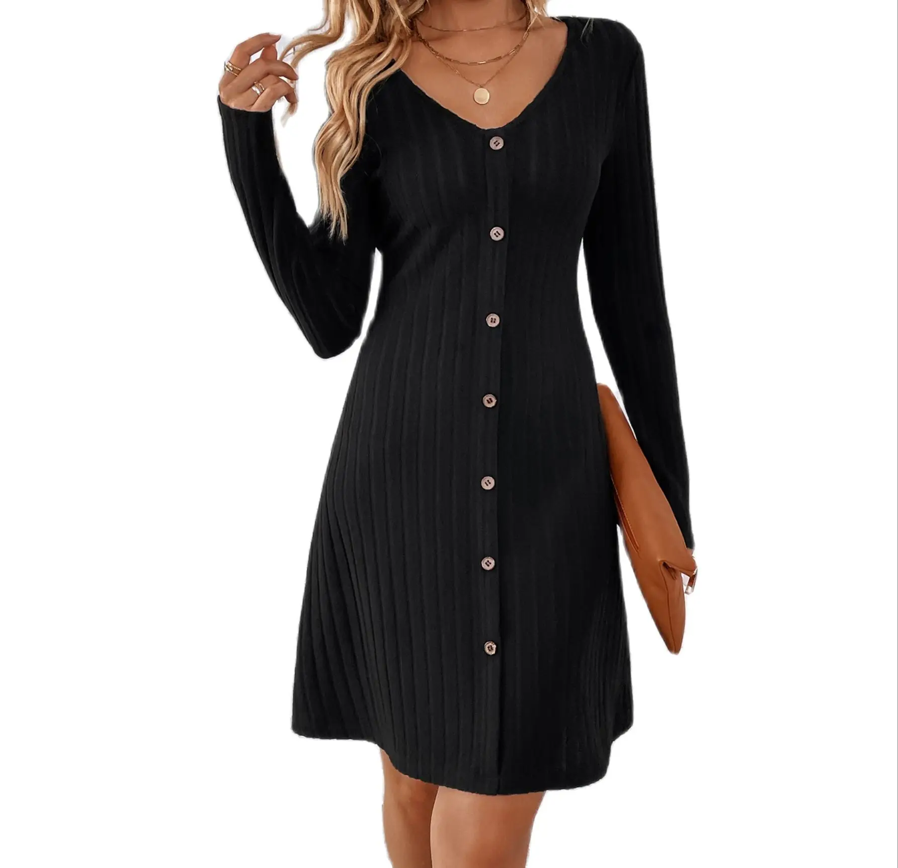 

Dress for Women 2023 Autumn New Solid Color Fashion Button Loose Casual Long Sleeve Commuter Skirt