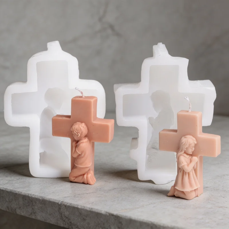 3D Cross Silicone Candle Mold, 2 Styles Praying Boy Girl Wax Mould for DIY Soap Resin Plaster Craft Religious Home Decor Gift