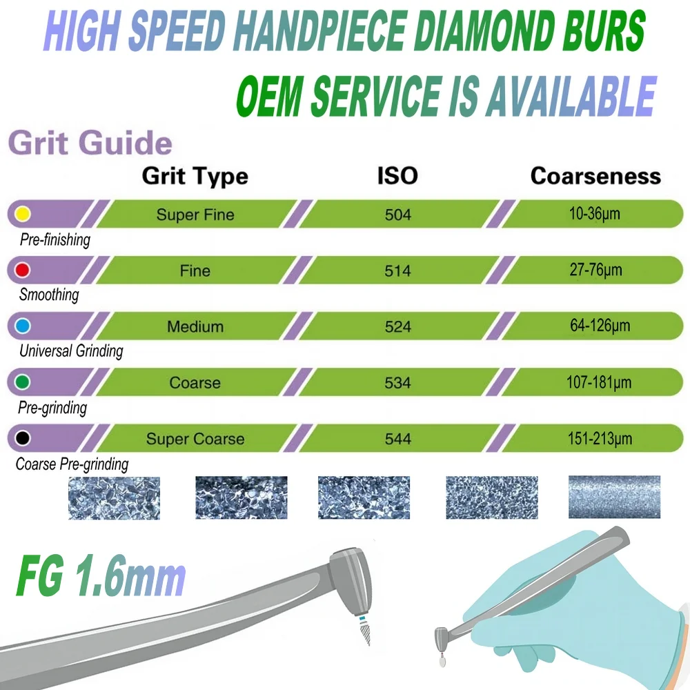 Dental Diamond Burs Drill Dentistry Burs High Speed Handpiece Handle Diameter 1.6mm Dental Material FO-34EF