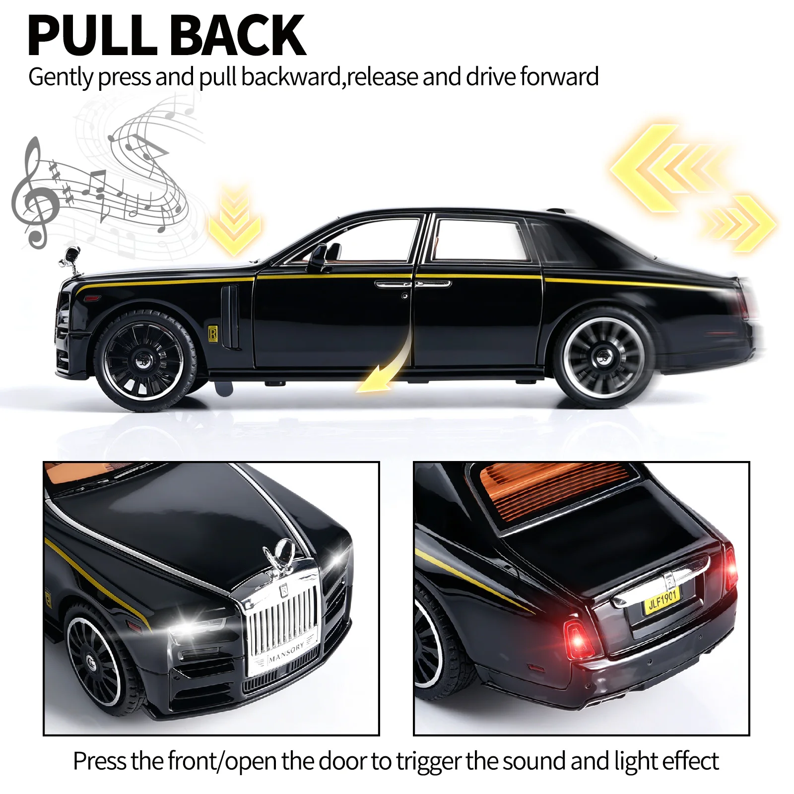 

1:24 Phantom Diecast Car Model, Alloy Pull-Back Toy with Light & Sound, Openable Doors, Black Luxury Replica for Collectors