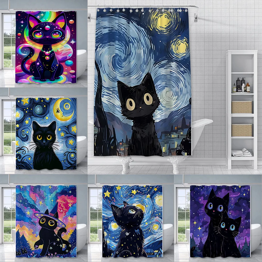 Starry Sky Cat Shower Curtain for Bathroom, Colorful Painted Print on Waterproof Polyester Fabric with Hooks, Home Decor