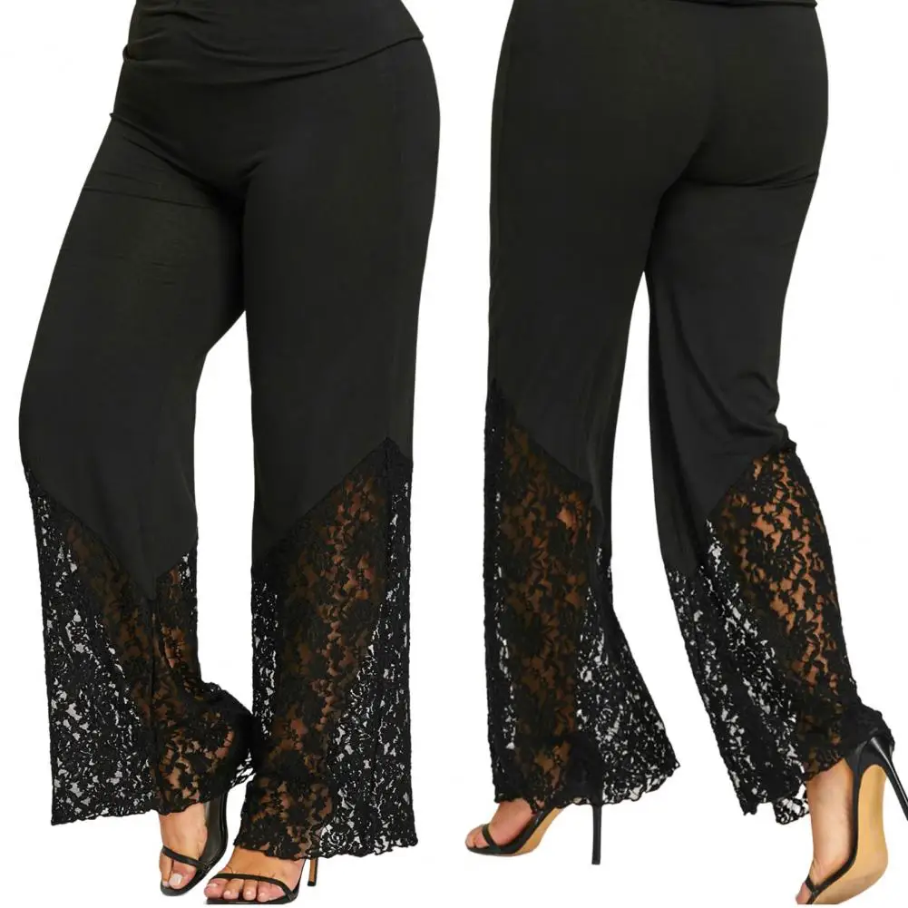 Wide Leg Flower Embroidery Women Pants High Waist Loose See-through Lace Patchwork Summer Pants Female Vintage