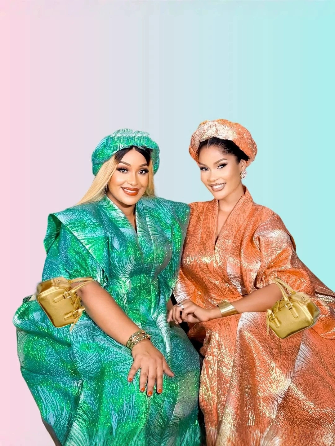 

African Heavy Industries' gold wire jacquard color blocked loose robe with headscarf, Muslim plus size dress, women's two-piece