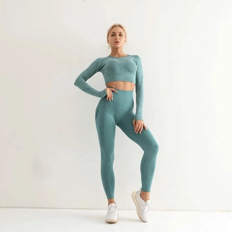 Seamless Yoga Sets Women Workout Sportswear Gym Clothing Long Sleeve Crop Top High Waist Leggings Workout Fitness Sports Suits