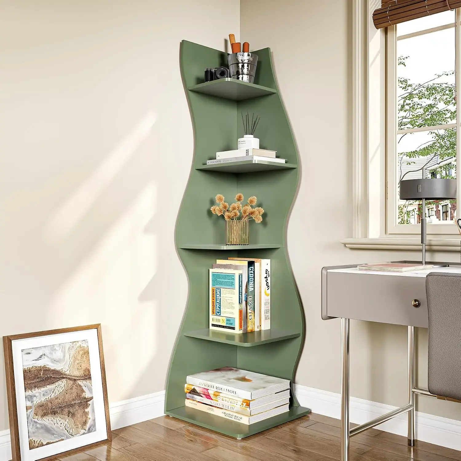 LITTLE TREE Small Corner Shelf, Modern 5-Tier Wall Corner Bookshelf, Stylish Bookcase Storage Rack for Small Space, Living Room,