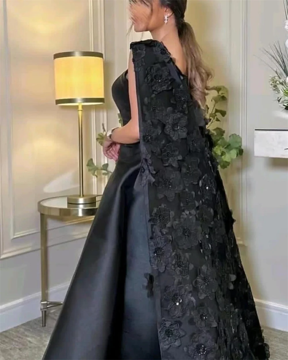 Cathy Black Satin  Wedding Dresses Detachable Shawl Mermaid vestidos de noche Elegant Sleeveless 3D Flowers Formal Evening 2024