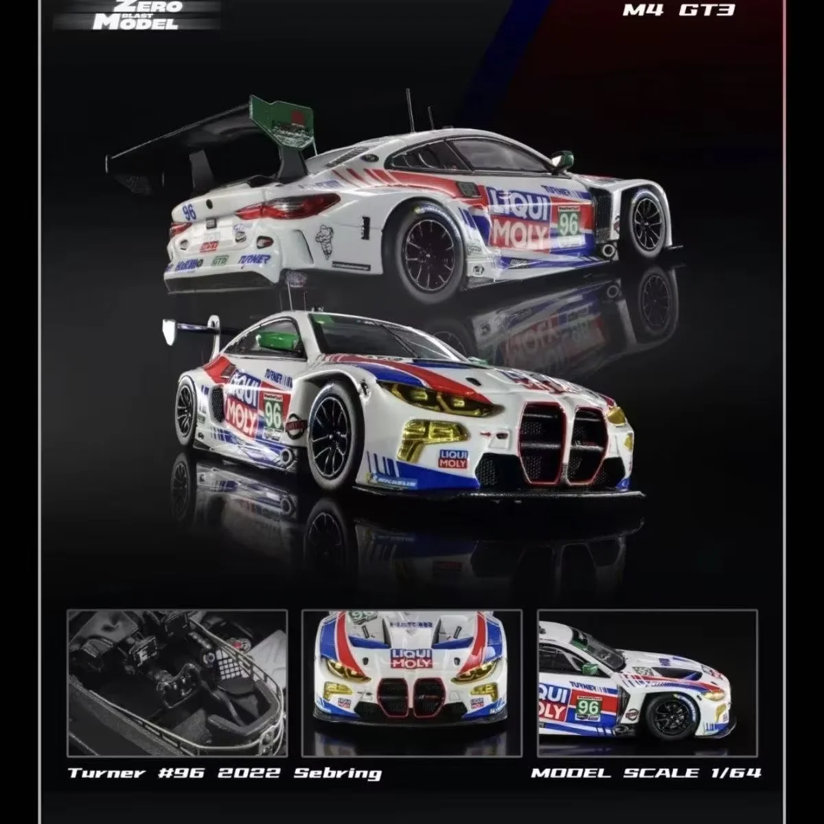 Modelo a Escala 1:64 del BMW M4 GT3 del Campeonato IMSA WeatherTech SportsCar GTD de Turner Motorsport Liqui Moly, Zero Blast