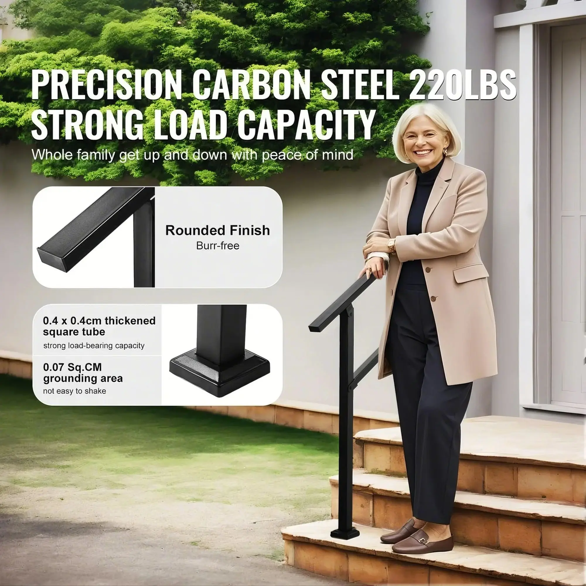 Outdoor Handrails for Steps, 2-3 Step Stair Rail Kit, Black Square Tube with Horizontal Bar, Carbon Steel Support Rails for Seniors, Concrete & Deck Stairs, Easy Installation