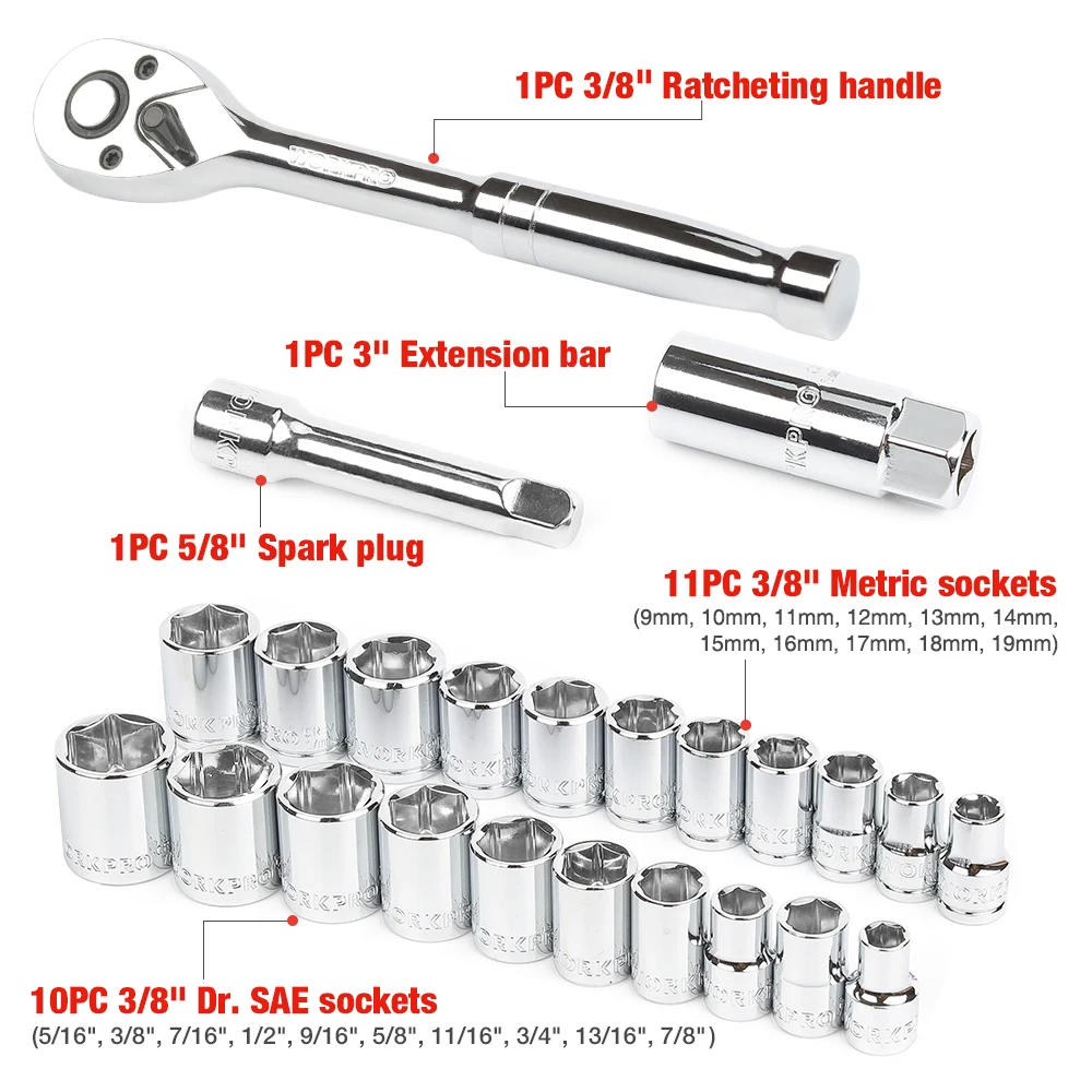 WORKPRO 24PCS Set di strumenti Set di chiavi a bussola 3/8 "chiave a cricchetto chiave a bussola 14-64 pezzi