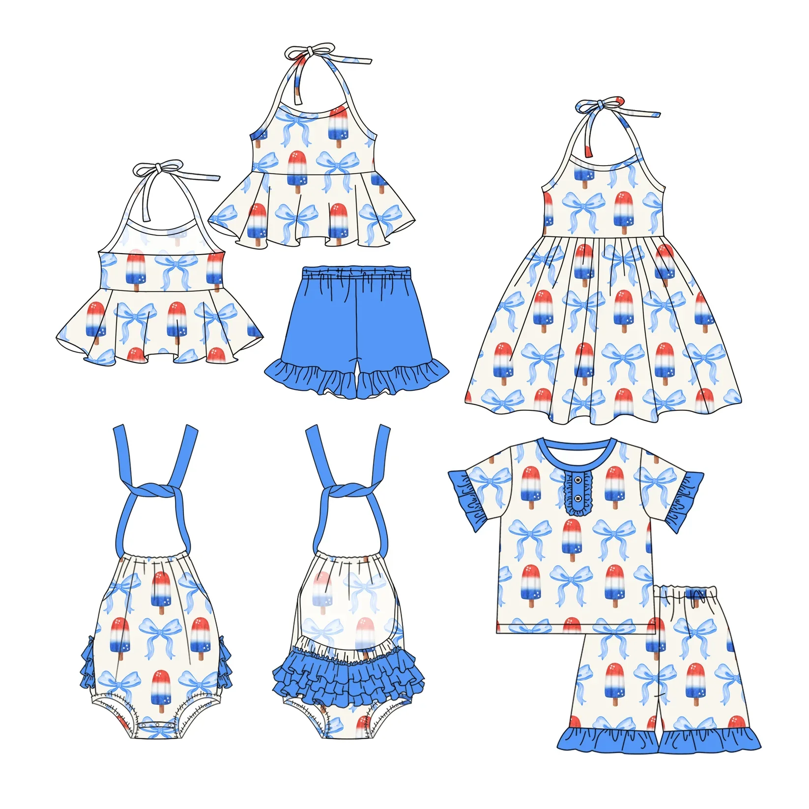 

Boutique children's suit July 4th scarf bow popsicle print shorts lace girl suit pajamas short-sleeved suit baby jumpsuit dress