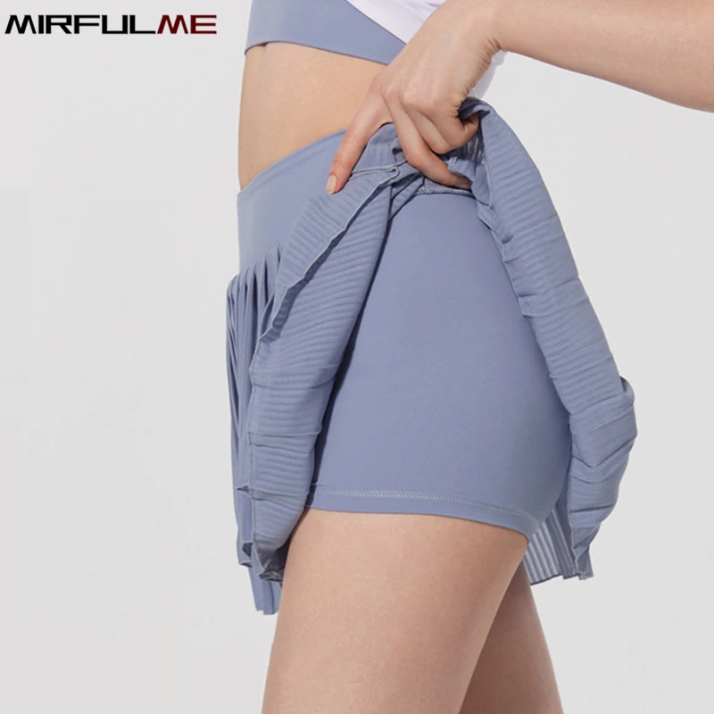 Women Tennis Skirts Fake Two-Piece Sport Pleated Skorts Breathable Badminton Shorts Girls Gym Fitness Running Skort With Pocket