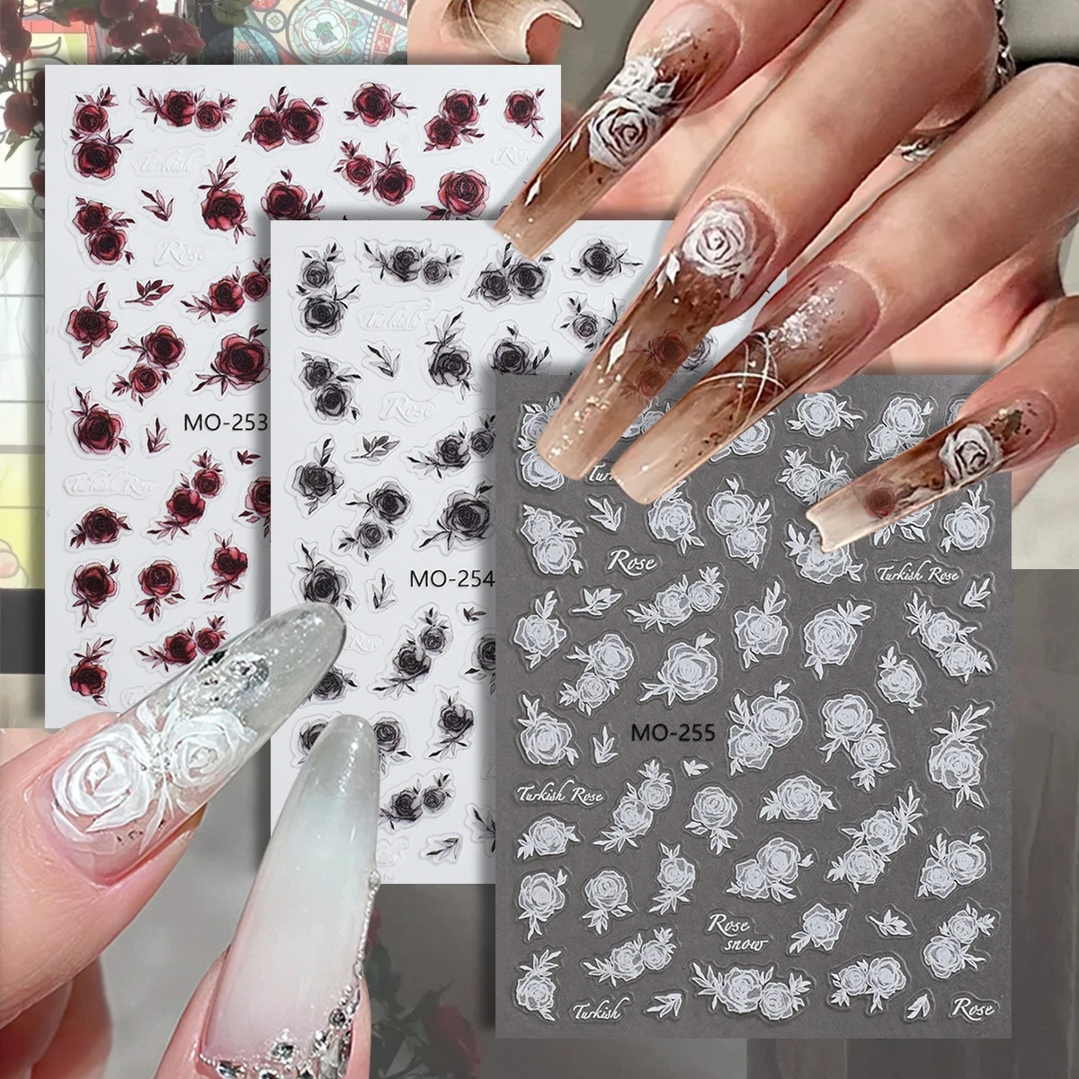 

3/6/12/15 Sheets 5D Translucent Rose Flower Nail Stickers Black White Red Self Adhesive Floral Nail Art Decals