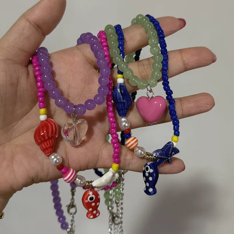 Docona Bohemian Style Colorful Rice Bead Resin Conch Shell Starfish Necklace for Women Summer Beach Party Gift Ideas