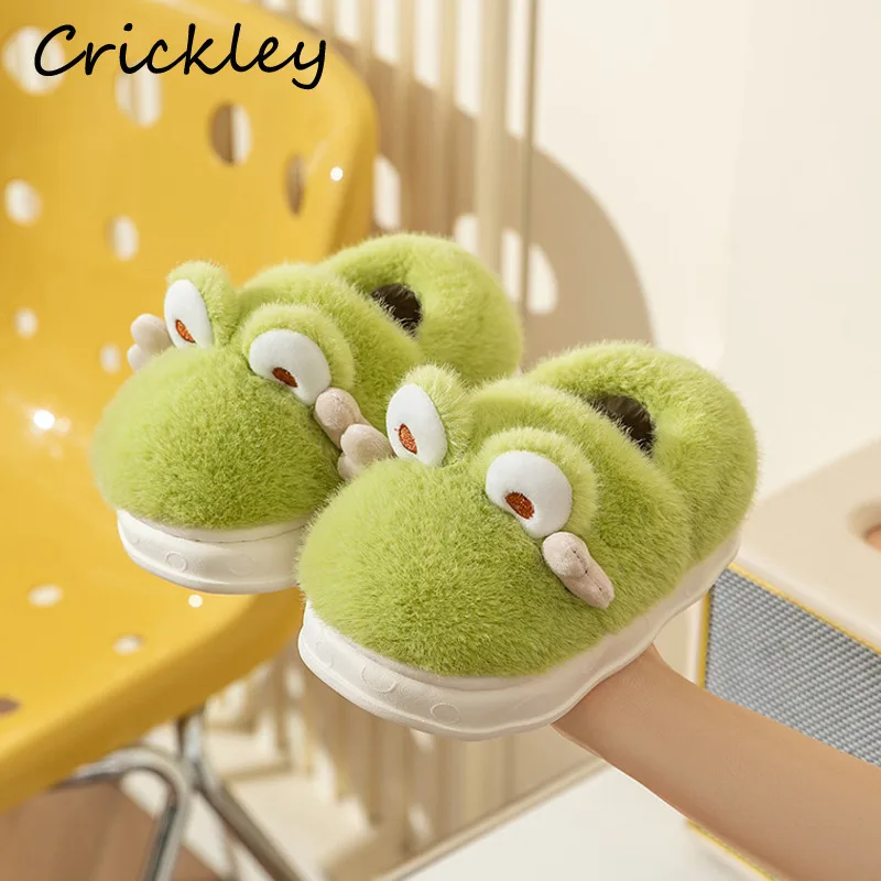

2025 Frog Boys Girls Slippers Winter Green Soft Bottom Indoor Shoes For Children Plush Warm Non Slip Home Kids Slippers