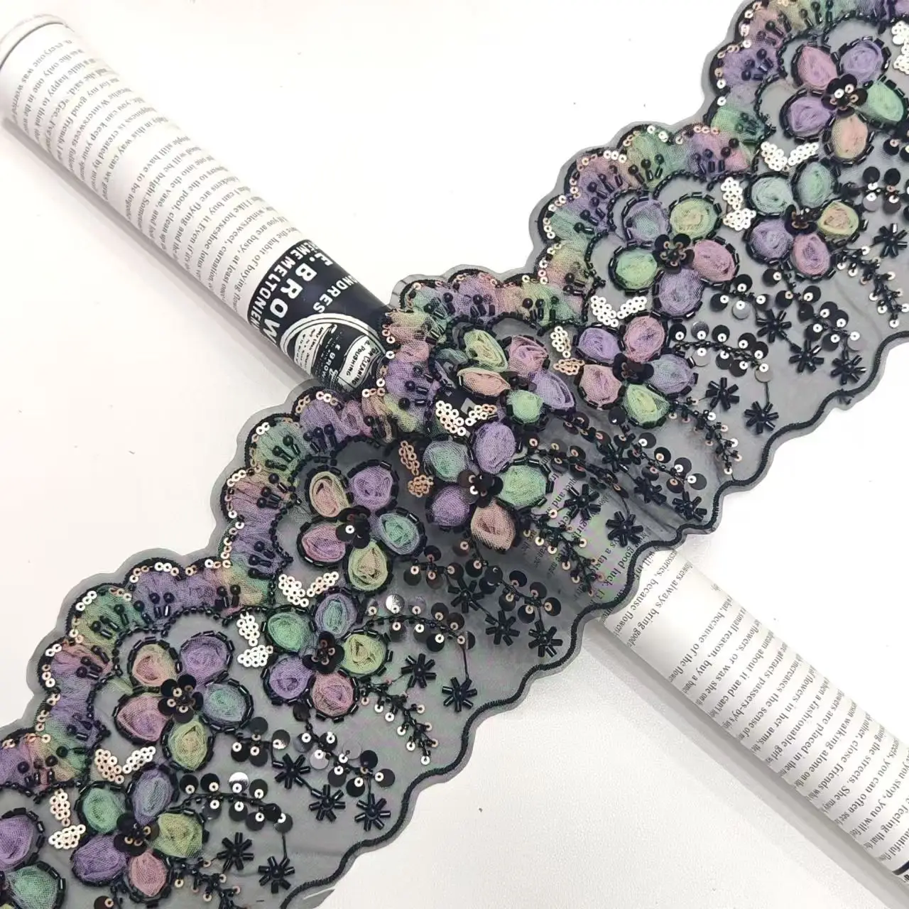 

9.5 Yards 14cm wide 3D nail bead embroidery lace mesh sequin embroidery lace clothing skirt collar decoration accessory