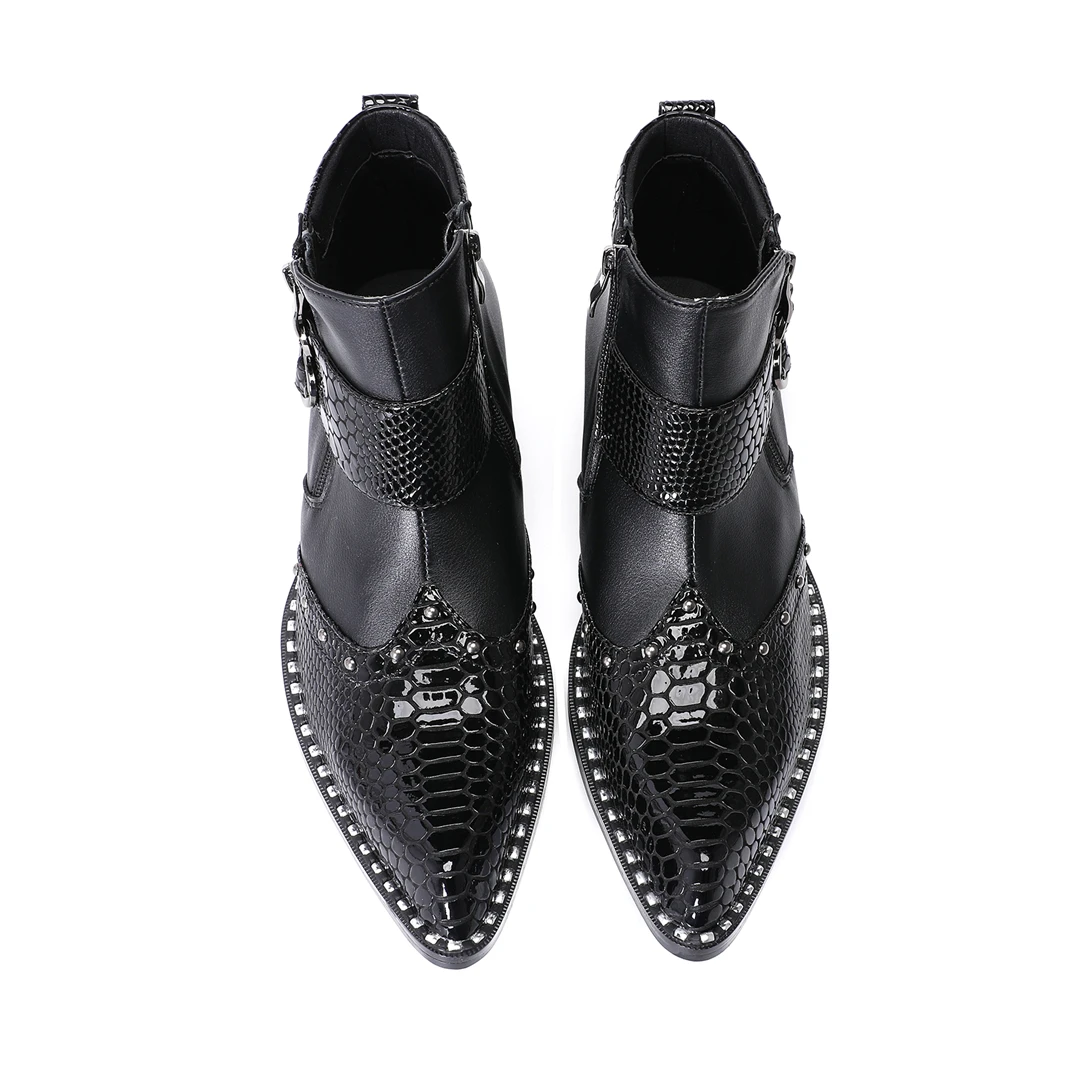 

2026 fashion black pointed toe genuine leather ankle boots for men big size rivets party motorcycle short boots male shoes