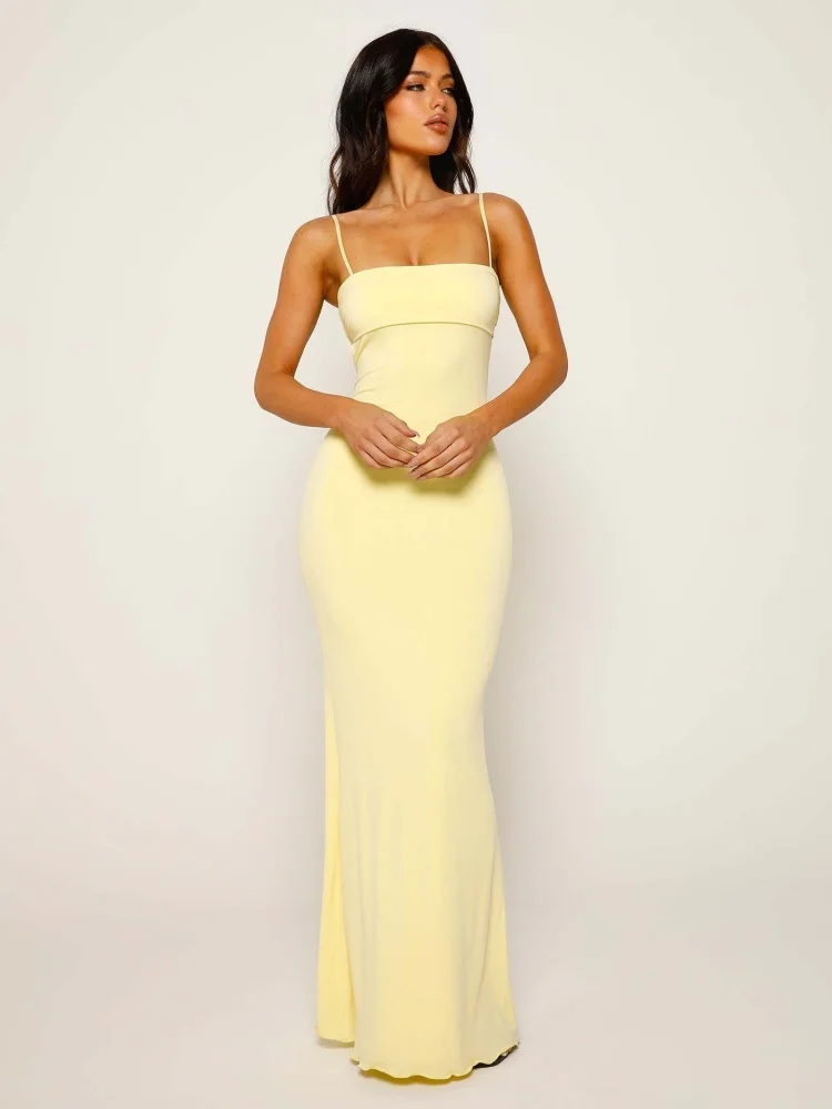 Três irmãs 2025 novo doce fresco sem costas vestido longo sem mangas sólido dupla camada sexy suspender vestido de cor sólida mulher