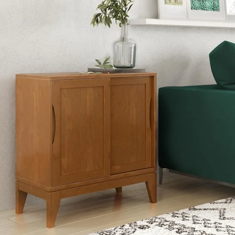 SOLID WOOD 30 inch Wide Mid Century Modern Low Storage Cabinet in Teak Brown with Storage Compartment and 2 shelves