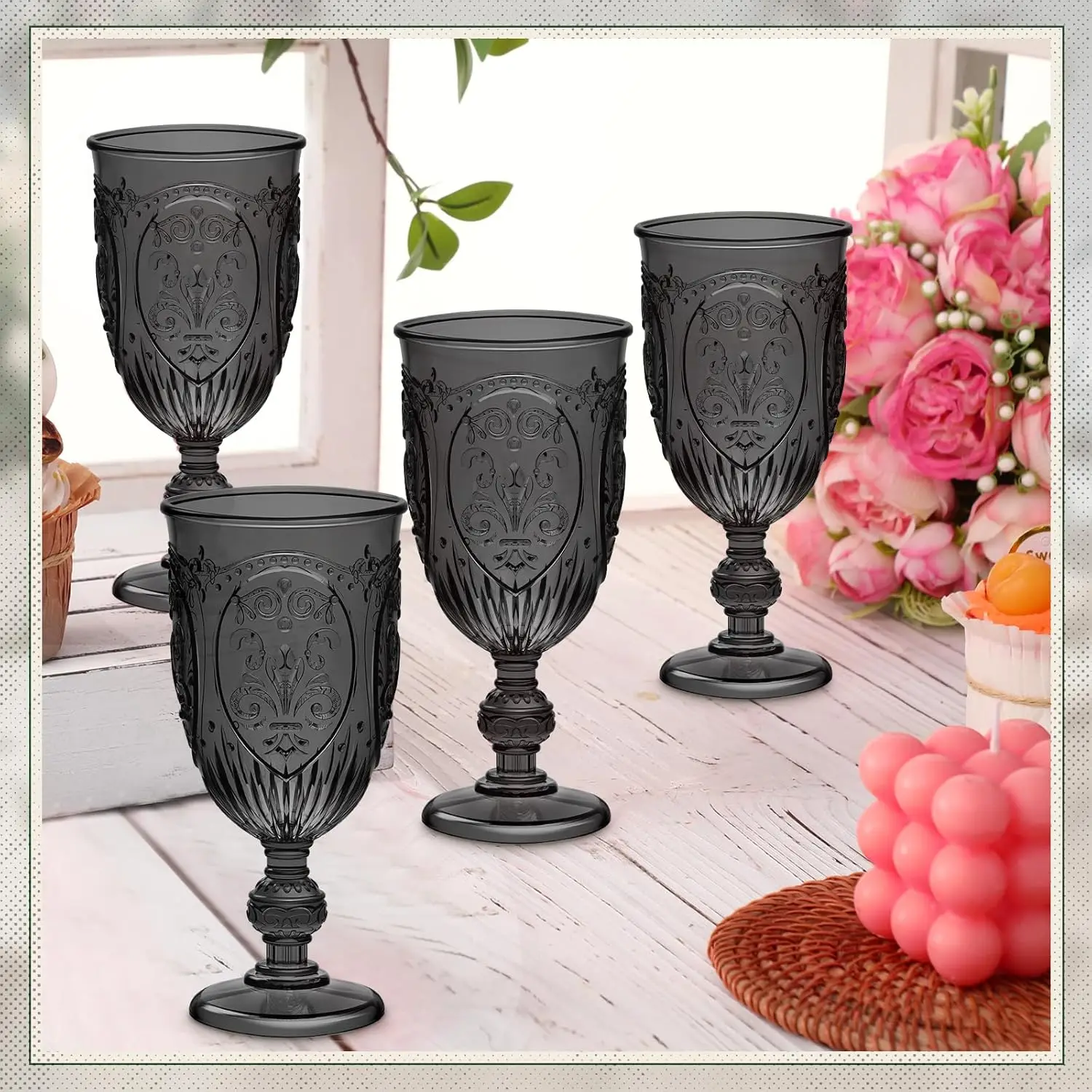 

24 Pcs Plastic Goblets 7.5oz Vintage Goblet Plastic Wine Glasses Colored Retro Embossed Water Goblets for Wine Bar Juice