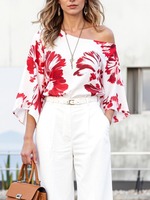 Yeezz Women's One-Shoulder Floral Printed Blouses 2025 New Fashion Trendy Long Sleeves Loose Casual Stylish Office T-shirts Tops