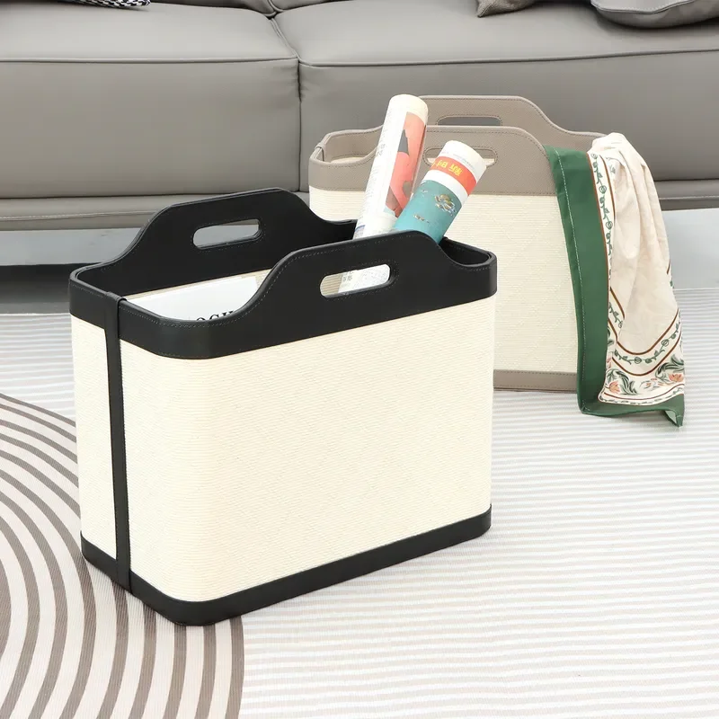 Hand Woven Leather Storage Basket Embossed Design for Living Room Bedroom Home Organization Dirty Laundry Hamper with Sturdy