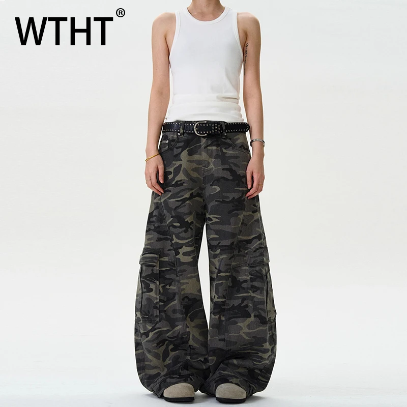 

WTHT Vintage 2025 Summer Men's Camouflage Big Pockets Cargo Denim Pants Fashion New High-waisted Wide Leg Jeans Male 2A1192