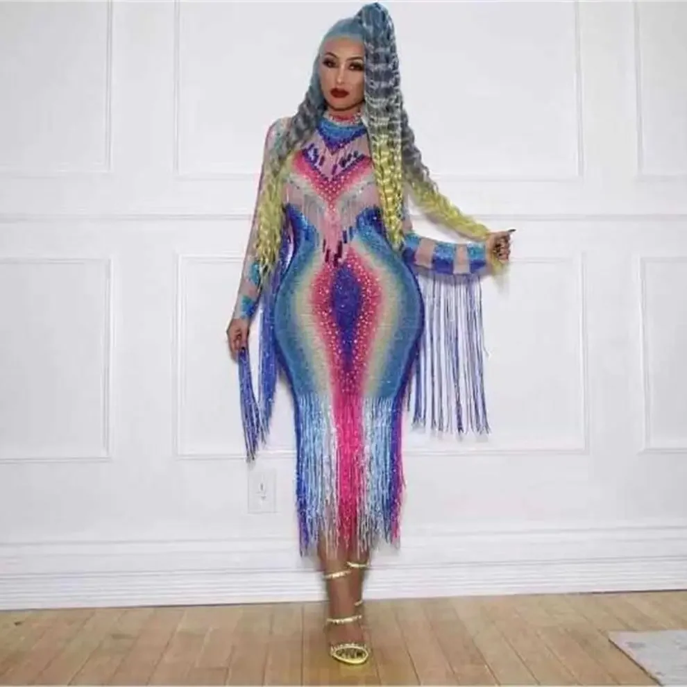 

Celebrity Fashion Tassels Bodycon Mid Dress Colorful Sexy Nightclub Party Bar Singer Stage Wear Rhinestones Performance Costume