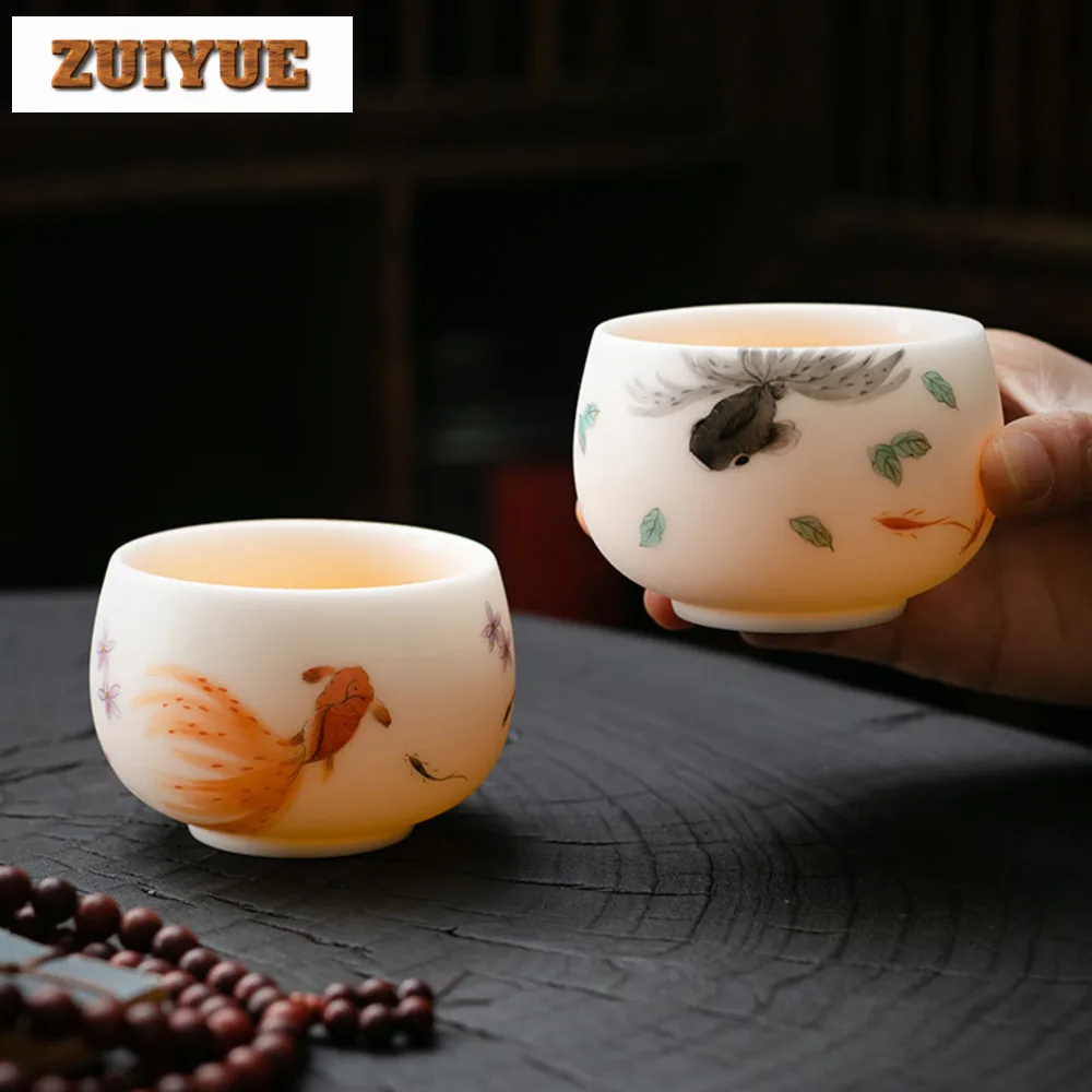 

160ml High End Dehua White Porcelain Teacup Sheep Fat Jade Master Cup Hand Painted Goldfish Tea Bowl Coffee Mug Kung Fu Teaware