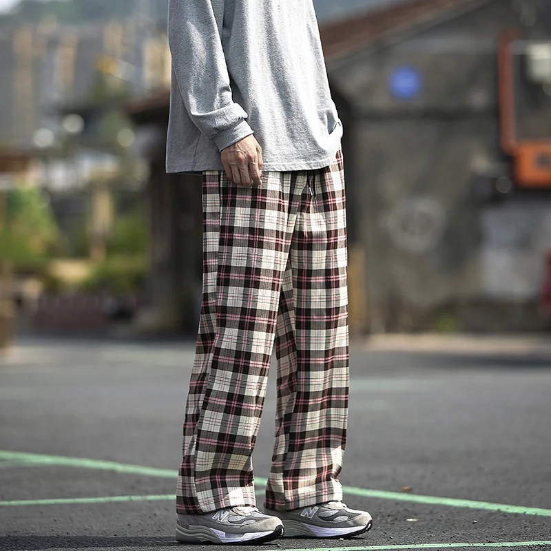 New Summer Men's Plaid Cotton Pants Oversize Trousers Japanese Stylish Streetwear Elastic Waist Casual Thin Straight Check Pant