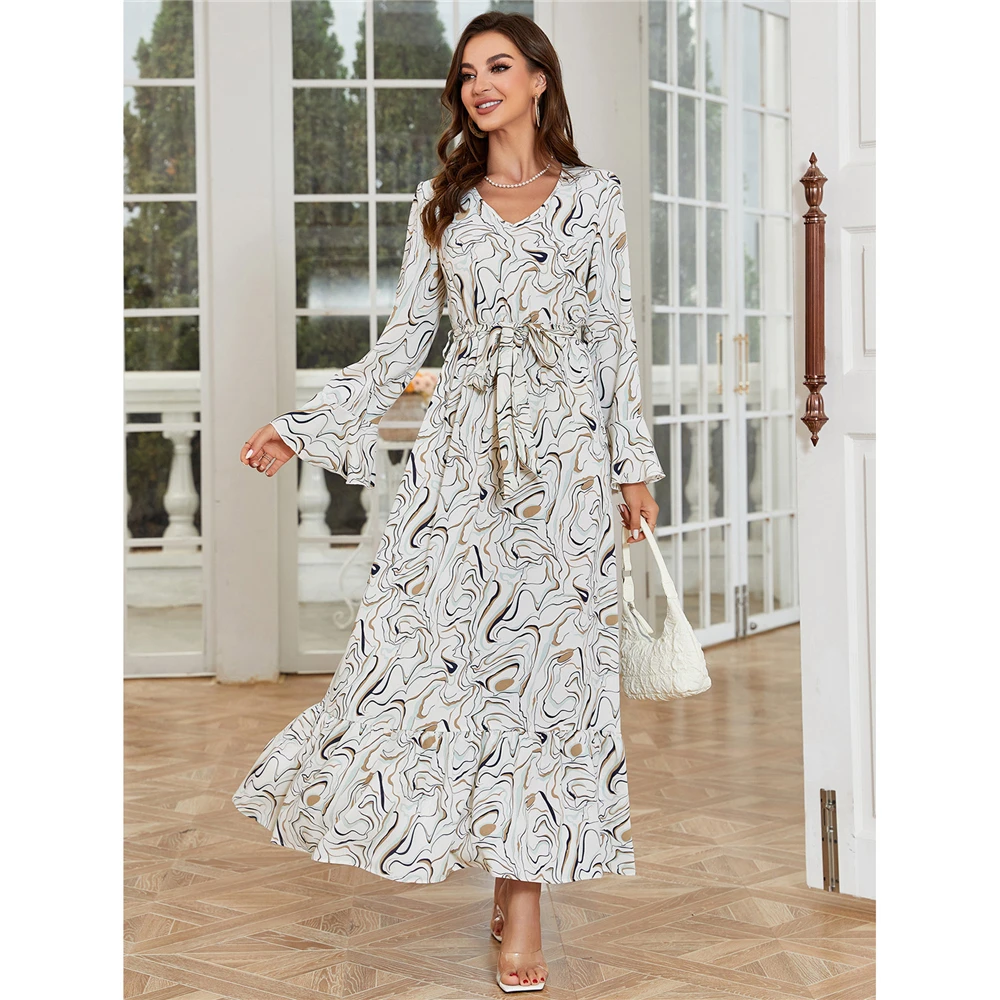 

2023 Spring Summer Abaya Floral Print Elegant Women Muslim V-neck Long Maxi Dress Turkey Arab Gown Kaftan Jalabiya Party Vestido