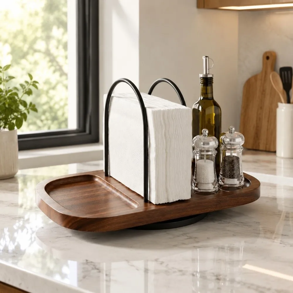 Wooden Napkin Spice Holder 360 Degree Rotating Base Multi Compartment Seasoning Storage Tray Anti Slip Vertical Napkin Holder