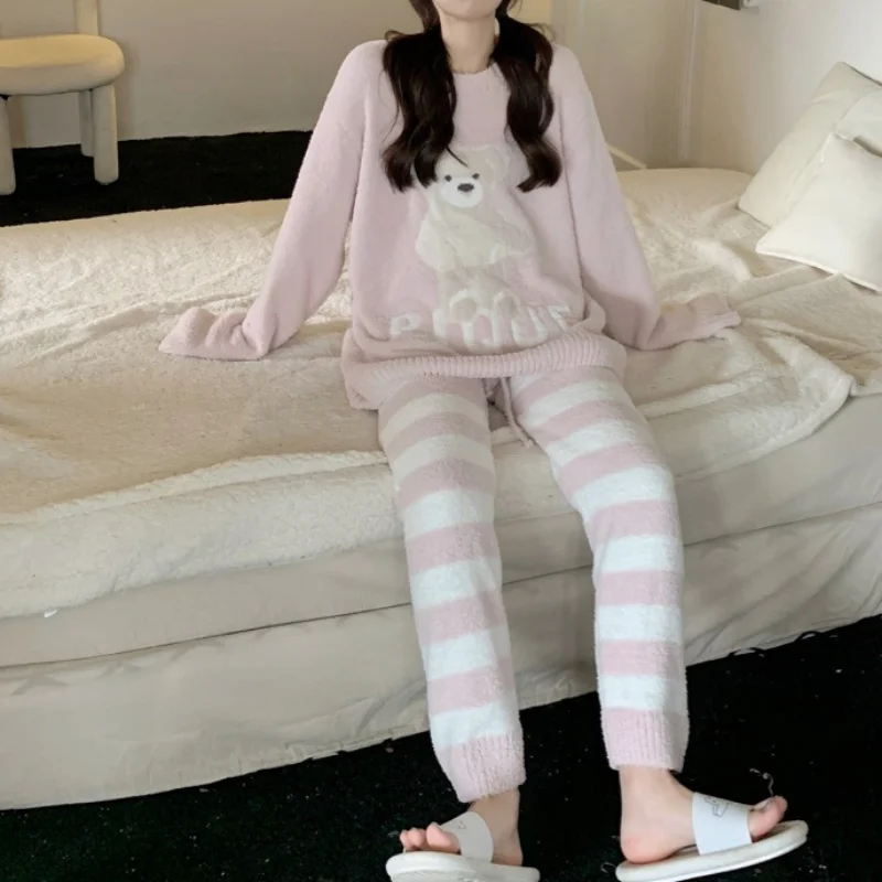 Kuzuwata O Neck Cartoon Bear Long Sleeve Top Sleepwear+high Waist Stripe Pant Pajama Sets Japanese Casual Home Wear Underwear