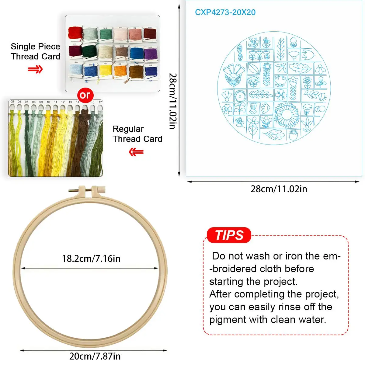 1 Stück 20X20CM/15X15CM 7,87/6,3 Zoll Stickerei-Starter-Kit mit verschiedenen Blumenmotiven DIY-Kit DIY-Stickerei-Set Handarbeiten – Detail 5