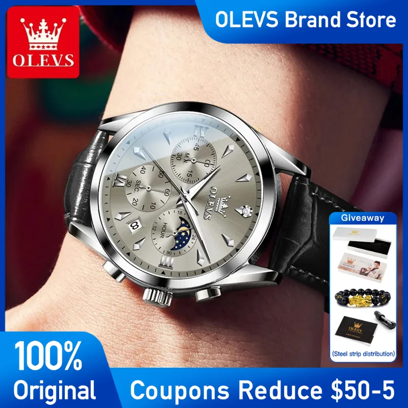 

OLEVS 3609, мужские часы, брендовые кварцевые часы, кожаный ремешок, водостойкие, светящиеся, с фазой Луны, автоматическая дата, мужские наручные часы с коробкой