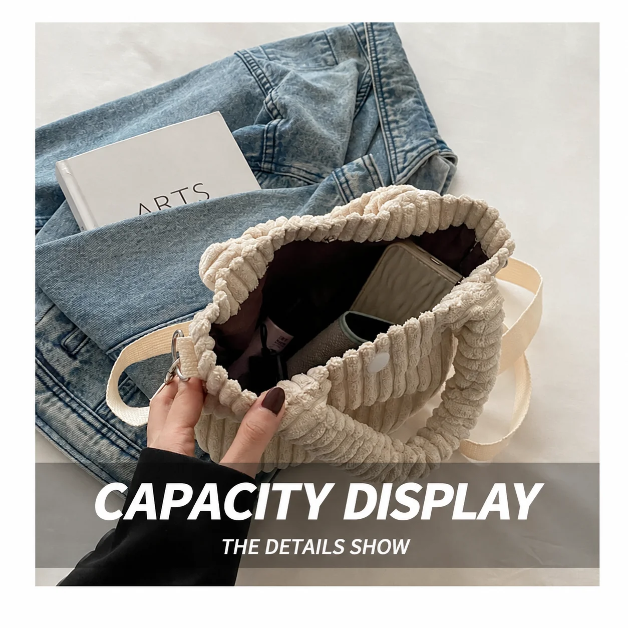 Shoulder Bag Rounded Corduroy Shoulder Bag Corduroy Tote Bag Adjustable For Daily Commuting Daily Use Casual Fall Outfits