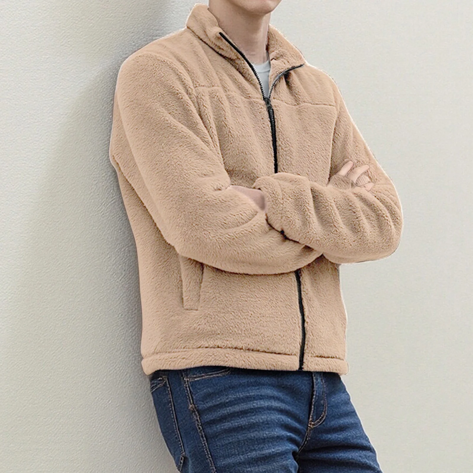 

Casual Men’s Winter Jacket, Long Sleeve Stand Collar Zipper Closure Fleece Jacket Outwear Tops