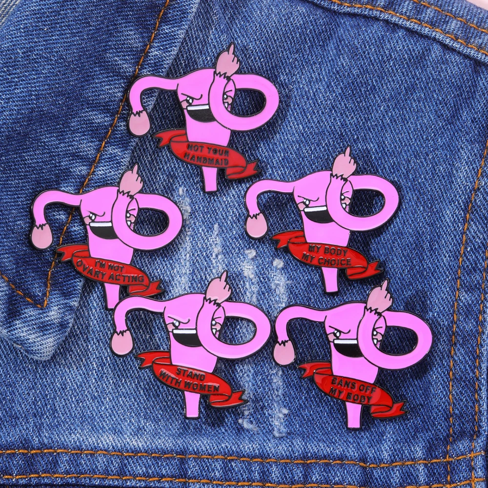 Wholesale Pink Feminism Uterus Brooches Woman's Right Metal Pins Bans Off My Body Not Your Handmaid Badge For Girls Feminist