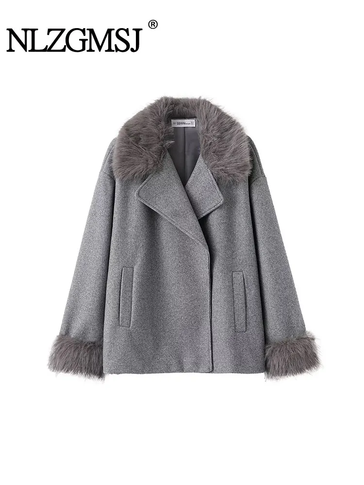 

NLZGMSJ Elegant Chic Blends Coats V Neck Long Sleeve Fur Collar ans Fur Sleeve Jacket Fashion Autumn Winter Thick Coat