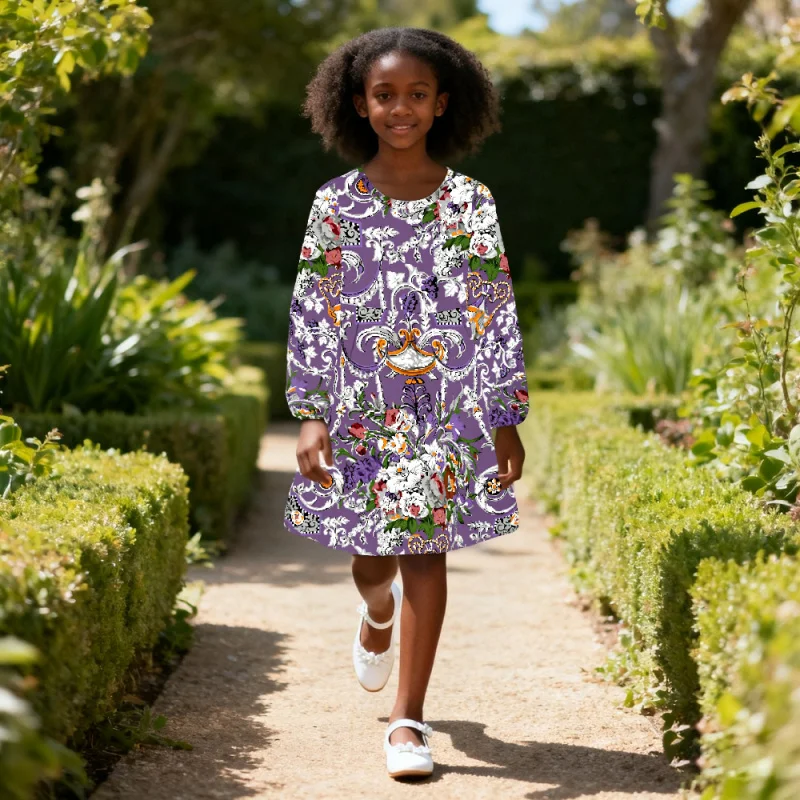 

2025 Bohemian Vintage Purple Floral Print Girl - Elegant Casual Party Medium-Length Dress for Kids & Older Kids