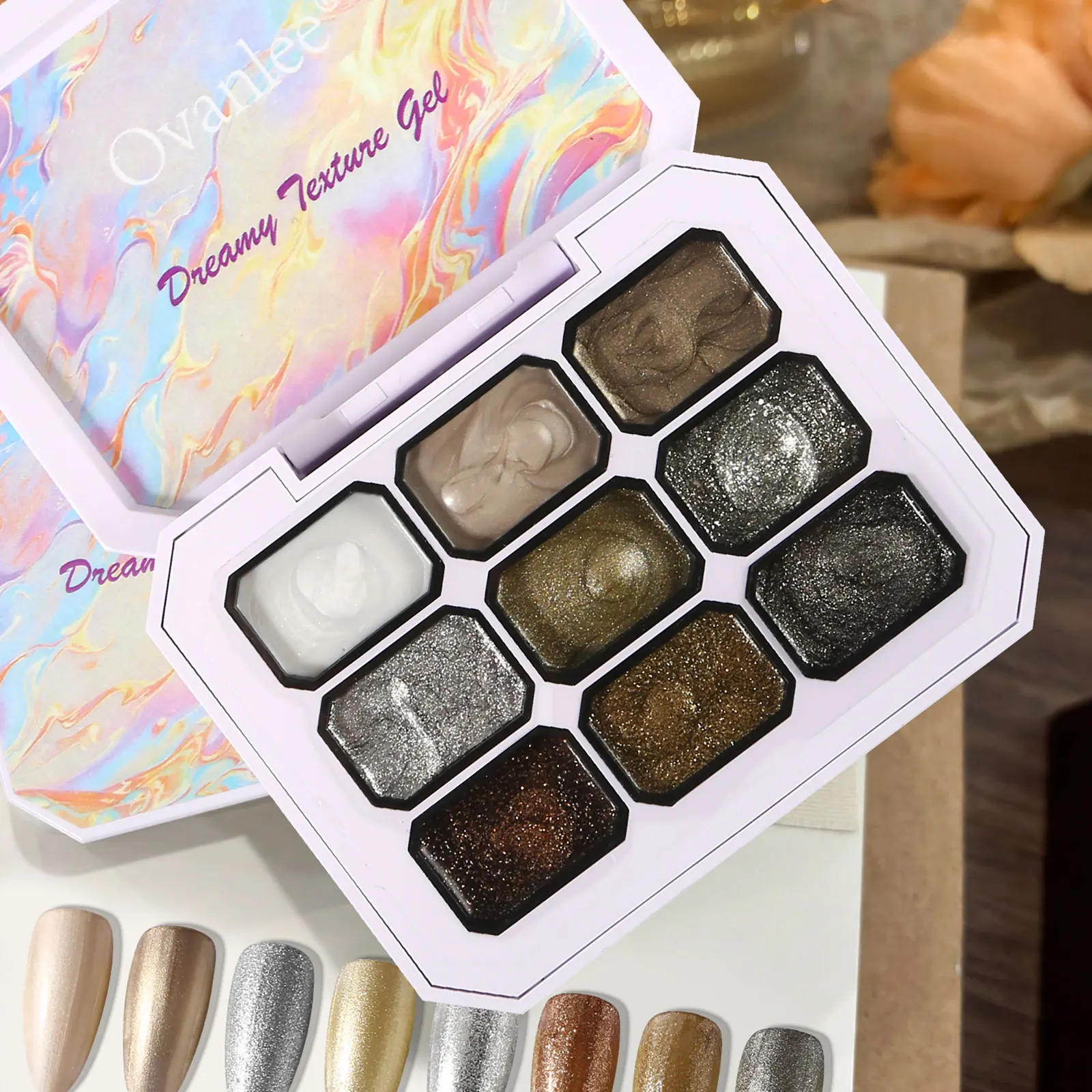 Ovanlee 9-Grid Solid Gel Nail Palette – Dreamlike Texture Metallic Shimmer Polish, No-Flow Creamy UV Glue for Precision Painting, Marble Art & Long Lasting Shine